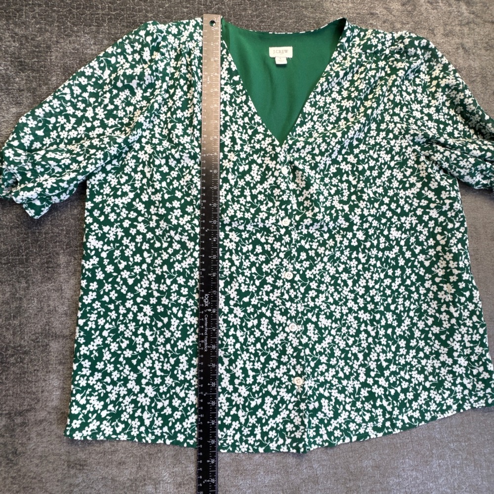 J.Crew Blouse Womens Large Green Floral Ditsy Puff Sleeve Button Front V-Neck - Picture 7 of 15
